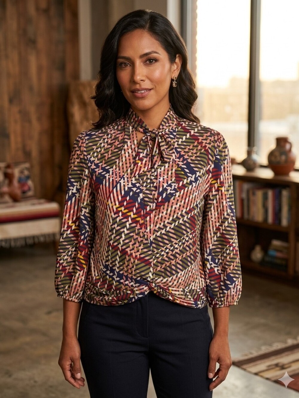 7th Avenue Design Studio Tie-Neck Geometric Print Blouse - Multicolor